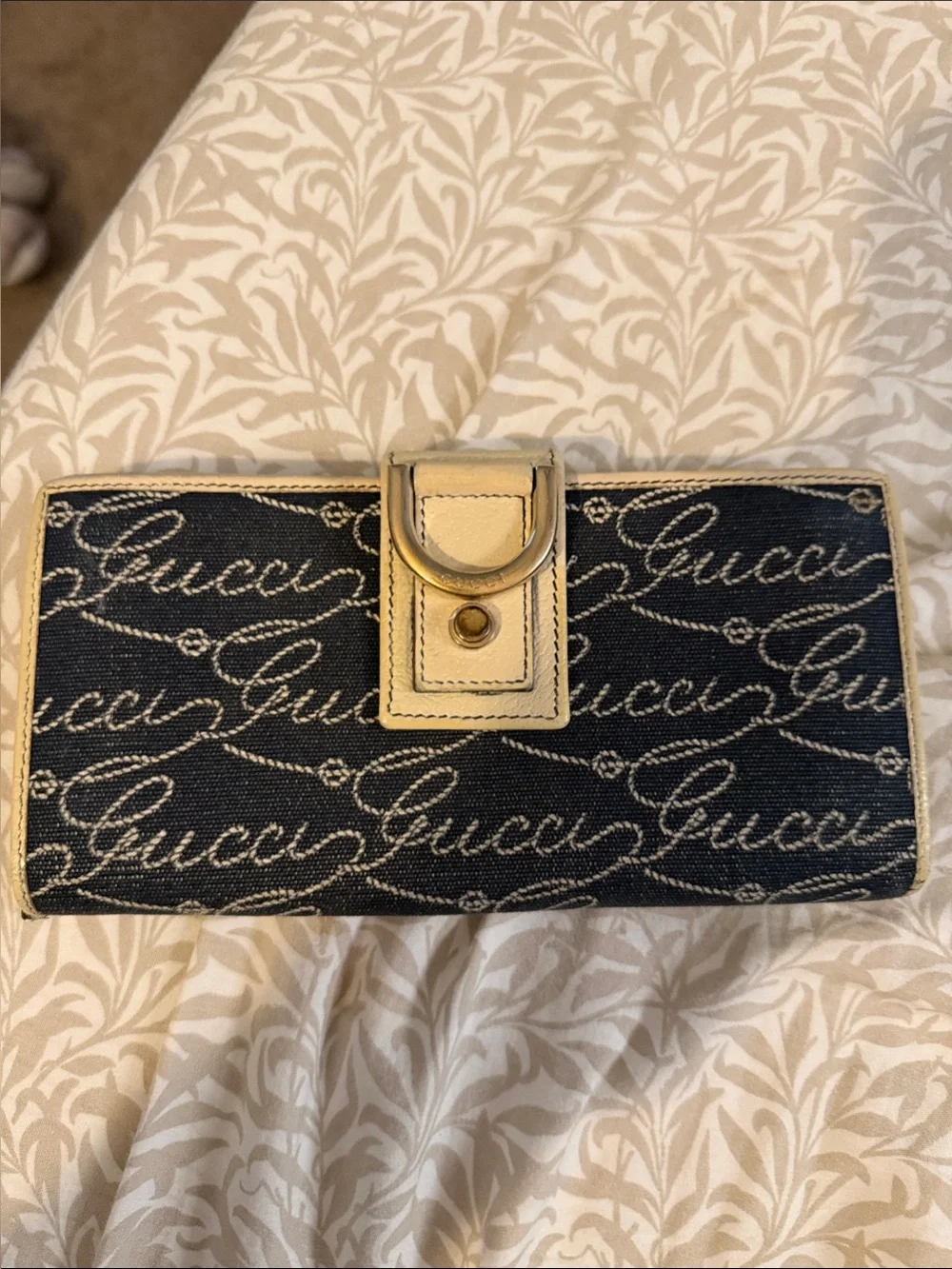 Gucci Navy Script Canvas Continental Wallet with Cream Trim and Gold Hardware - Picture 1 of 7